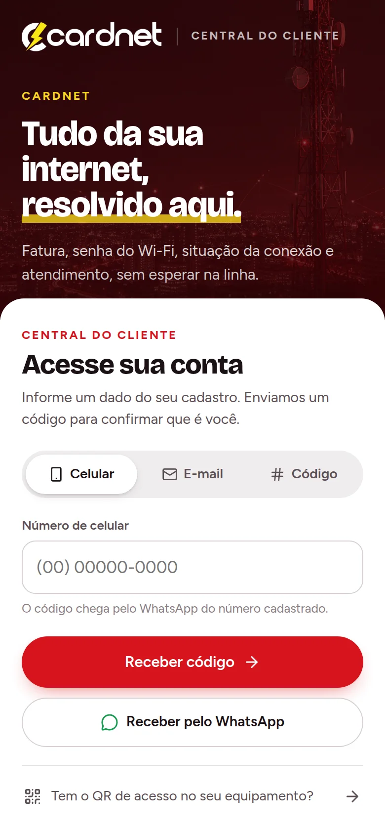 Tela de acesso da Central do Cliente Cardnet no celular