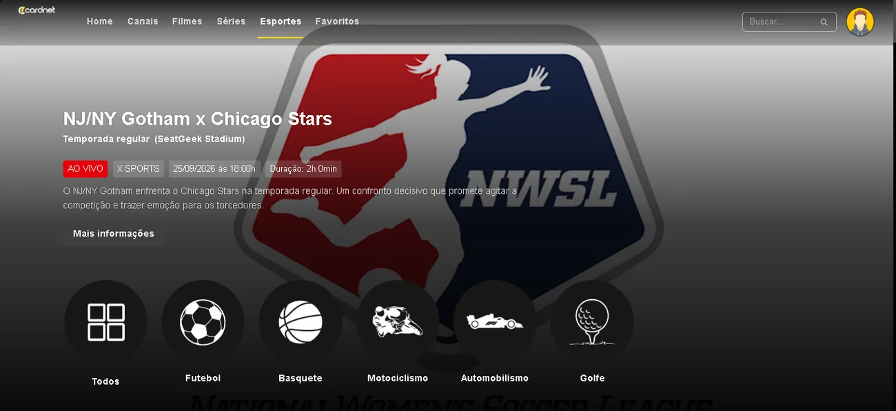 Aba Esportes do app Cardnet TV