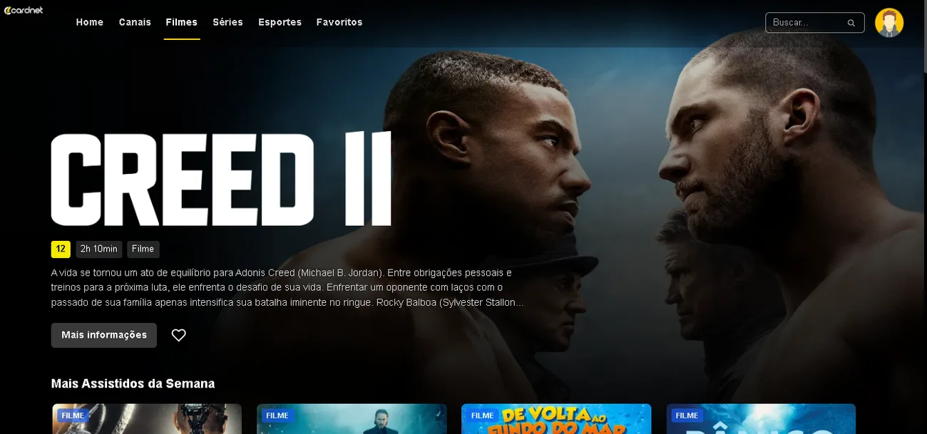 Aba Filmes do app Cardnet TV