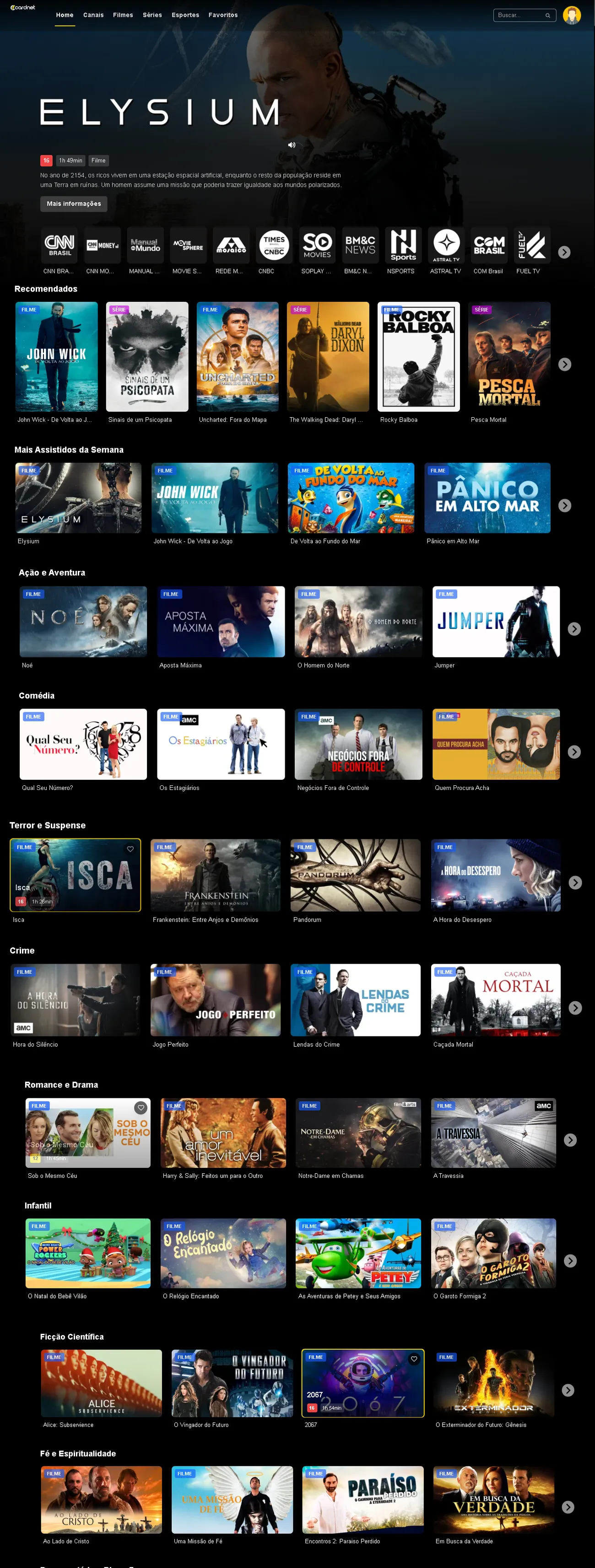 Tela inicial do app Cardnet TV com destaques e recomendados
